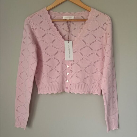 NWT LoveShackFancy Petra Knit Pointelle Heart Argyle Cardigan Velour Pink | S - Picture 5 of 11
